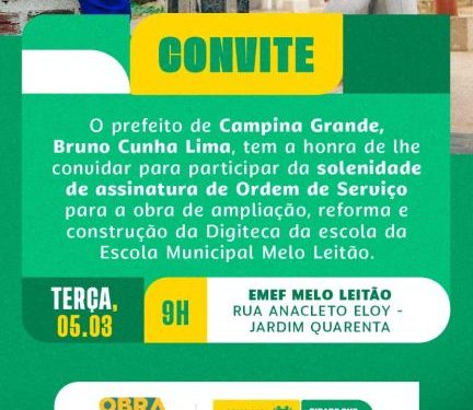 Prefeitura de Campina Grande inicia nesta terça-feira pacote de obras de R$ 2,5 milhões em benefício da Escola Municipal Melo Leitão