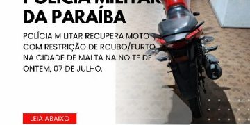 POLÍCIA MILITAR RECUPERA MOTO COM RESTRIÇÃO DE ROUBO/FURTO NA CIDADE DE MALTA