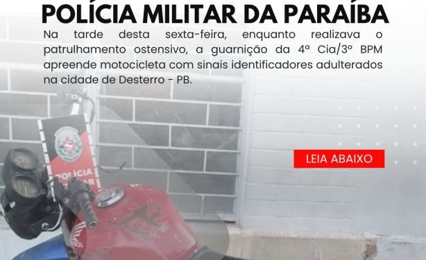 POLÍCIA MILITAR APREENDE MOTOCICLETA COM SINAIS IDENTIFICADORES ADULTERADOS EM DESTERRO.