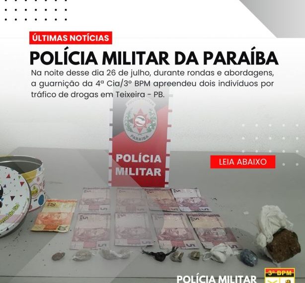 POLÍCIA MILITAR APREENDE DOIS INDIVÍDUOS POR TRÁFICO DE DROGAS EM TEIXEIRA.