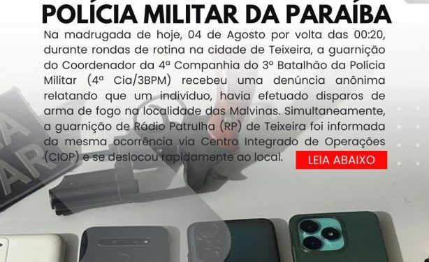 POLÍCIA MILITAR APREENDE ARMA DE FOGO NA CIDADE DE TEIXEIRA
