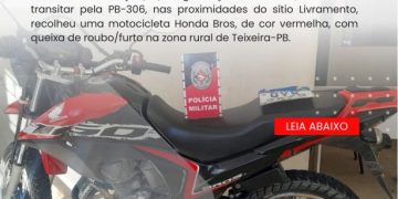 POLÍCIA MILITAR APREENDE MOTOCICLETA COM REGISTRO DE ROUBO/FURTO NA ZONA RURAL DE TEIXEIRA.