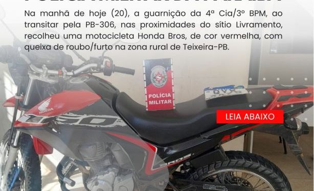 POLÍCIA MILITAR APREENDE MOTOCICLETA COM REGISTRO DE ROUBO/FURTO NA ZONA RURAL DE TEIXEIRA. POLÍCIA MILITAR APREENDE MOTOCICLETA COM REGISTRO DE ROUBO/FURTO NA ZONA RURAL DE TEIXEIRA.