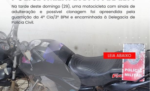 POLÍCIA MILITAR APREENDE MOTOCICLETA COM SINAIS IDENTIFICADORES ADULTERADOS EM TEIXEIRA. POLÍCIA MILITAR APREENDE MOTOCICLETA COM SINAIS IDENTIFICADORES ADULTERADOS EM TEIXEIRA.
