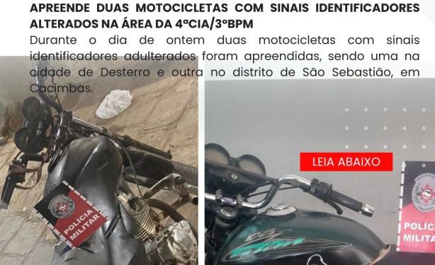 POLICIA MILITAR APREENDE DUAS MOTOCICLETAS COM SINAIS IDENTIFICADORES ALTERADOS NA ÁREA DA 4ªCIA/3ºBPM