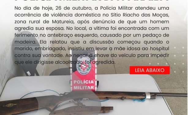 POLÍCIA MILITAR APREENDE DUAS ARMAS DE FOGO EM OCORRÊNCIA DE VIOLÊNCIA DOMÉSTICA EM MATUREIA