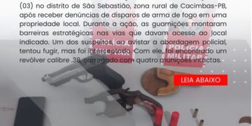 POLÍCIA MILITAR APREENDE ARMAS DE FOGO E DETÉM SUSPEITOS EM ZONA RURAL DE CACIMBAS-PB