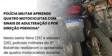 POLÍCIA MILITAR APREENDE QUATRO MOTOCICLETAS COM SINAIS DE ADULTERAÇÃO E POR DIREÇÃO PERIGOSA